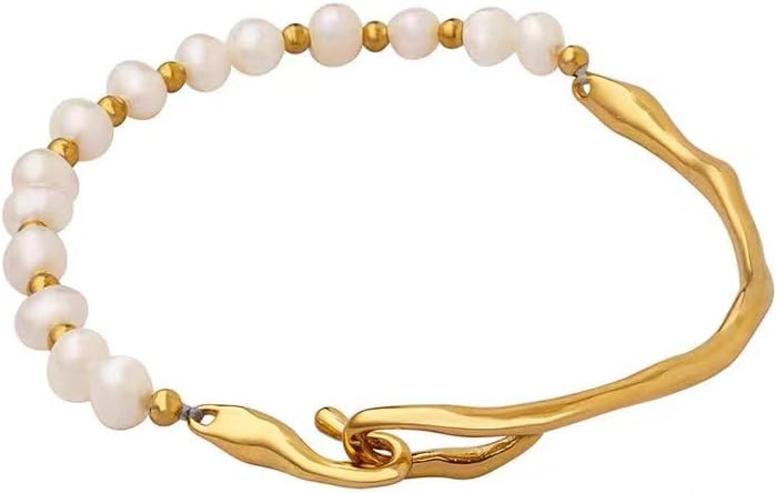 Freshwater Pearl Bracelet, 18K Gold Plated Baroque Style, Irregular Metal Design, Adjustable Strand with Lobster Claw Clasp