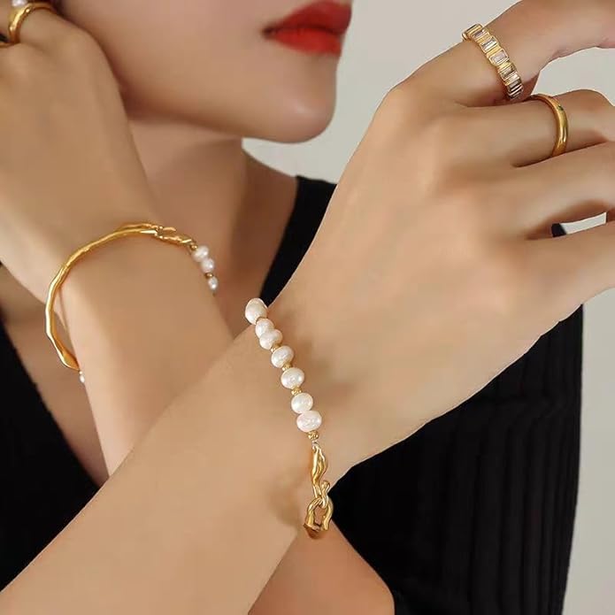 Freshwater Pearl Bracelet, 18K Gold Plated Baroque Style, Irregular Metal Design, Adjustable Strand with Lobster Claw Clasp