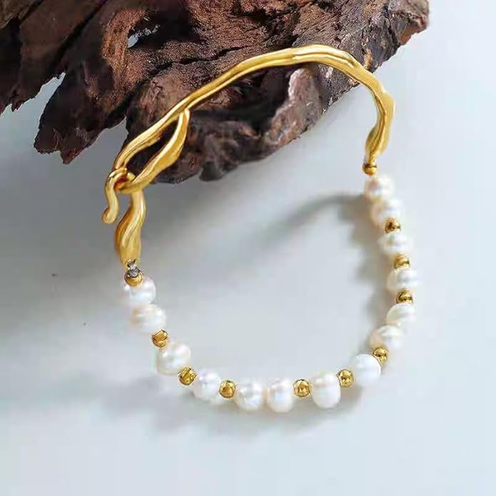 Freshwater Pearl Bracelet, 18K Gold Plated Baroque Style, Irregular Metal Design, Adjustable Strand with Lobster Claw Clasp