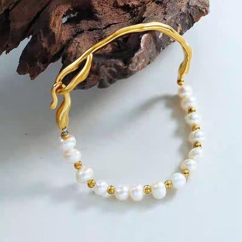 Freshwater Pearl Bracelet, 18K Gold Plated Baroque Style, Irregular Metal Design, Adjustable Strand with Lobster Claw Clasp