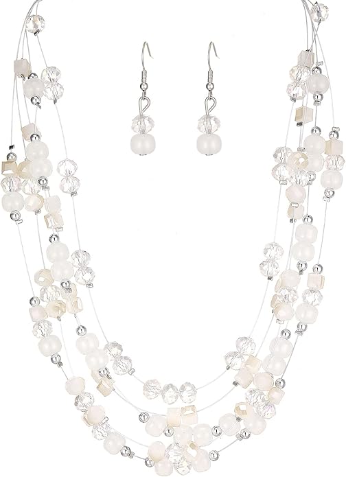 Layered Chunky Statement Necklace for Women Colorful Boho Beaded Necklaces and Earring Set Fashion Costume Jewelry for Women