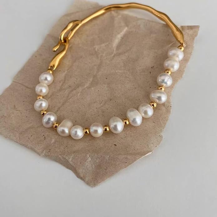 Freshwater Pearl Bracelet, 18K Gold Plated Baroque Style, Irregular Metal Design, Adjustable Strand with Lobster Claw Clasp