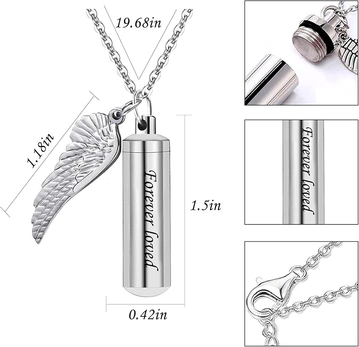 Pack Cylinder Urn Necklaces for Ashes Memorial Keepsake Pendant with Angel Wing Charm Necklace Stainless Steel Waterproof Cremation Jewelry for Ashes Locket Pendant-Forever Loved