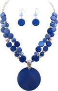 Layered Beads Statement Fashion Necklace Chunky Jewelry Set Big Colorful Glass Stone Circle Shell Pendant Choker Necklace and Earring Set for Women