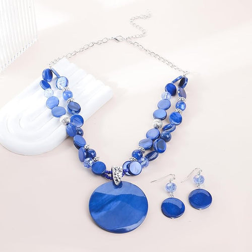 Layered Beads Statement Fashion Necklace Chunky Jewelry Set Big Colorful Glass Stone Circle Shell Pendant Choker Necklace and Earring Set for Women