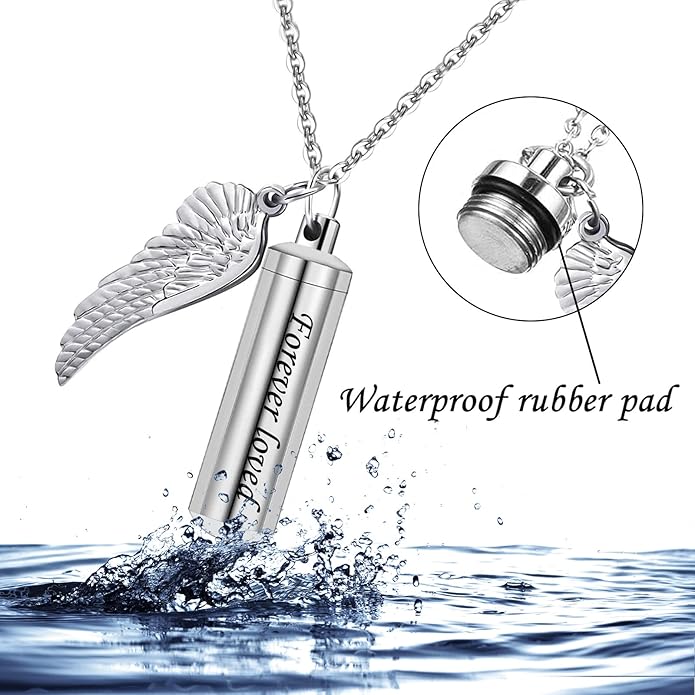 Pack Cylinder Urn Necklaces for Ashes Memorial Keepsake Pendant with Angel Wing Charm Necklace Stainless Steel Waterproof Cremation Jewelry for Ashes Locket Pendant-Forever Loved