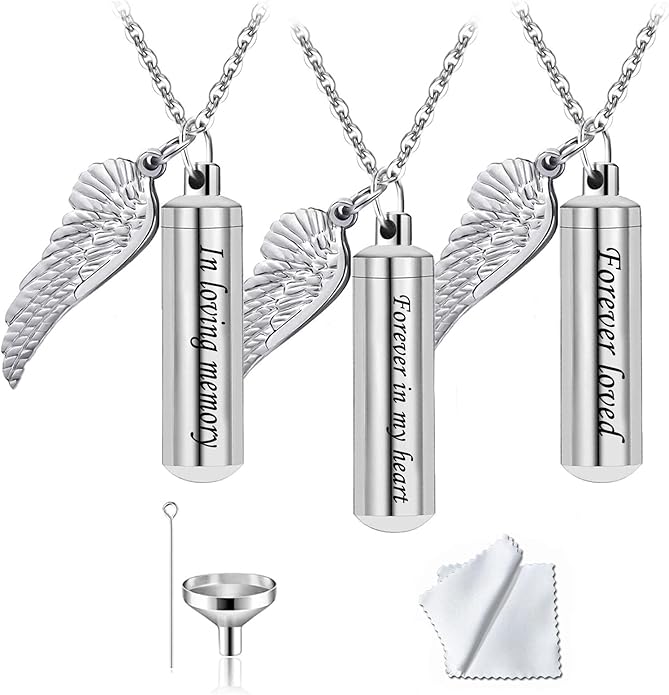 Pack Cylinder Urn Necklaces for Ashes Memorial Keepsake Pendant with Angel Wing Charm Necklace Stainless Steel Waterproof Cremation Jewelry for Ashes Locket Pendant-Forever Loved