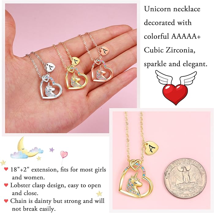 Mothers Day Gifts for Daughter Girls - Unicorn Gift for Kids Girls, Colorful CZ Heart Pendant Initial Unicorn Necklaces for Girl Kids Jewelry Birthday Graduation Gifts for Girl Kid