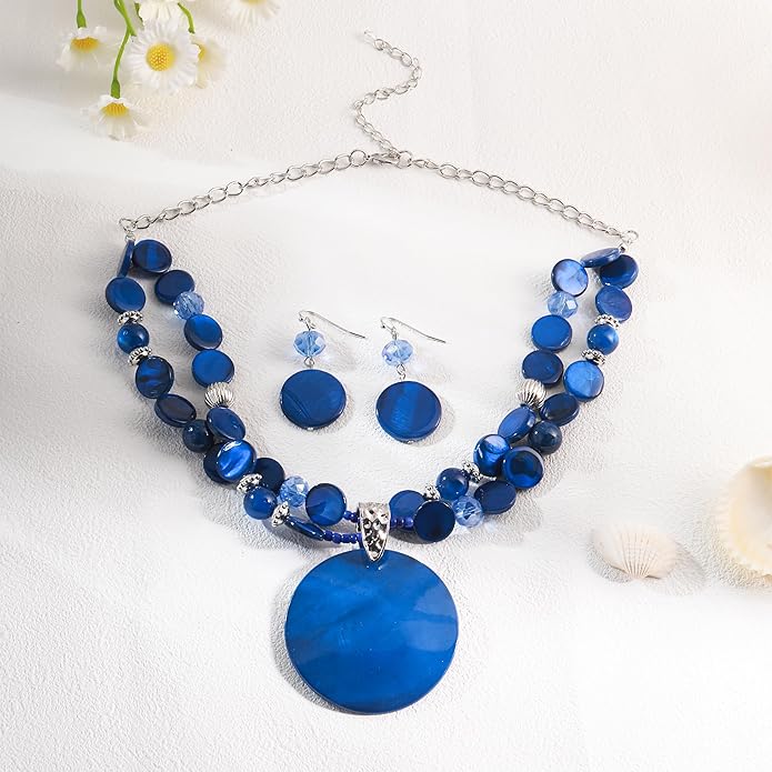 Layered Beads Statement Fashion Necklace Chunky Jewelry Set Big Colorful Glass Stone Circle Shell Pendant Choker Necklace and Earring Set for Women