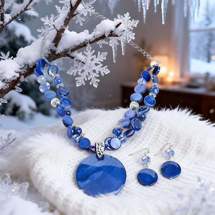 Layered Beads Statement Fashion Necklace Chunky Jewelry Set Big Colorful Glass Stone Circle Shell Pendant Choker Necklace and Earring Set for Women